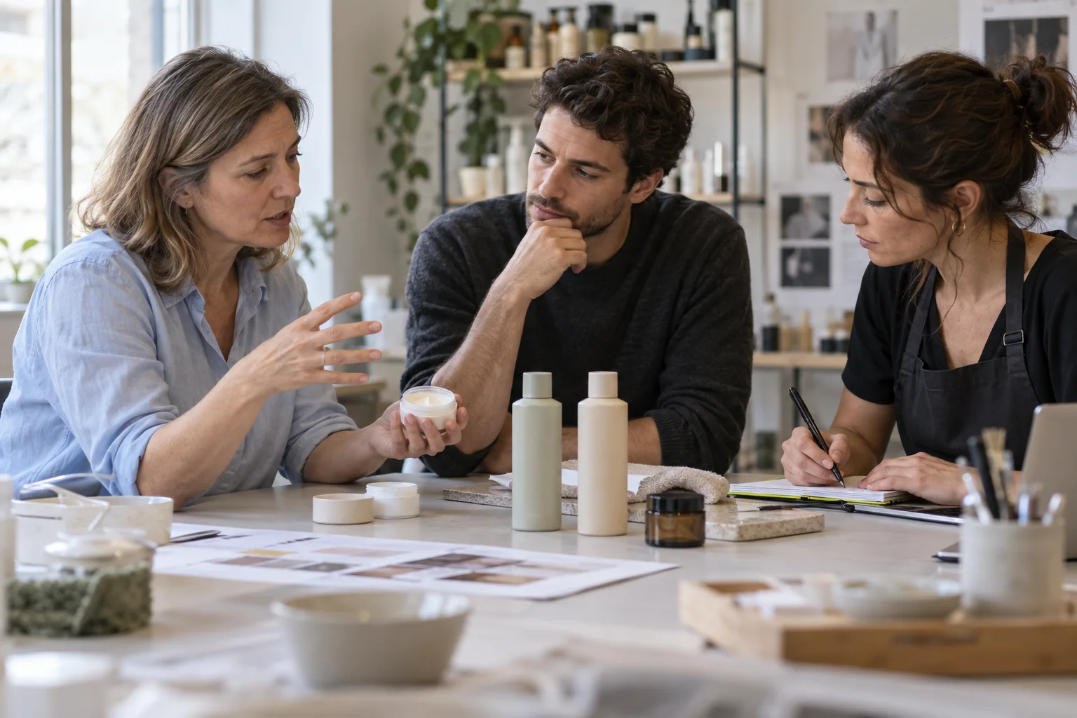 Three people discuss a cosmetic sample around a worktable.