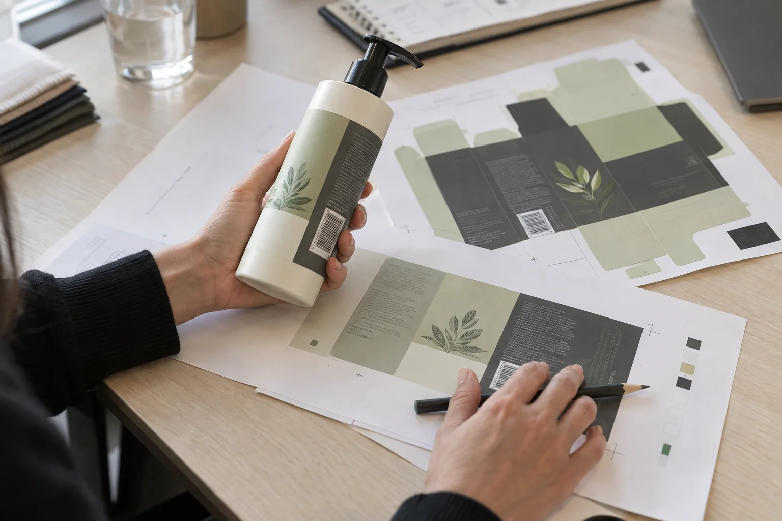 Hands compare a cosmetic bottle label with a printed packaging proof.