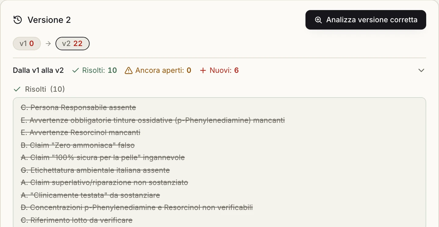 Real version compare: from v1 to v2 the resolved findings stay struck through and the score rises